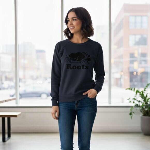 Roots Tops - Y2K Roots Women’s Sweatshirt Leather Beaver logo Navy blue Pepper Size S 2000s